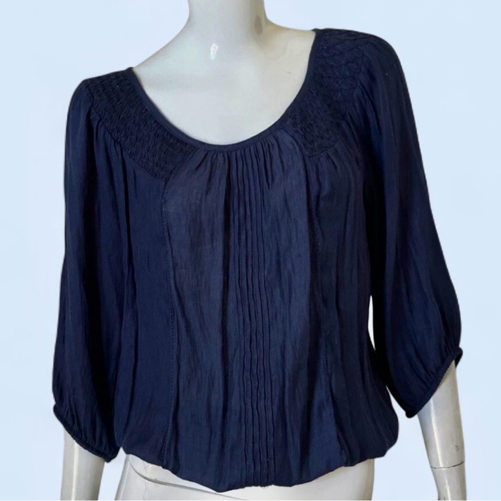ZARA Basics Women’s Peasant Top Navy Blue Smocked Crinkle sz Small Boho Cottage